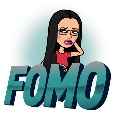 Cartoon Amy on top of letters spelling out FOMO (fear of missing out)